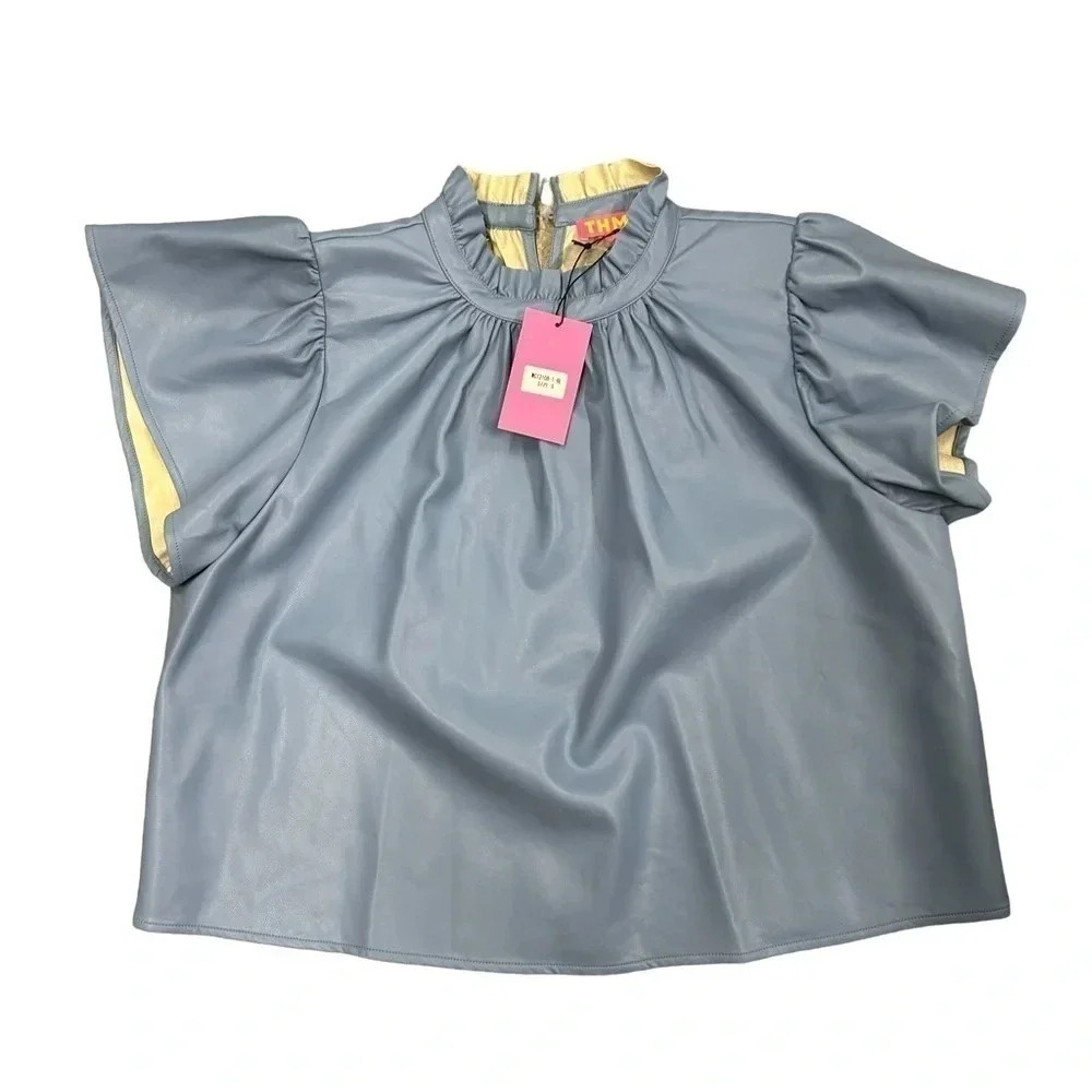 THML Blue Faux Leather Flutter Sleeve Top Womens XS Round Neckline NWT